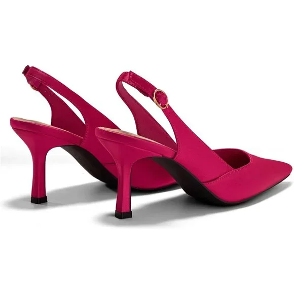 Women's Satin Pink  Faux Leather Pointed Toe Slingback Stylish Buckle Pump Shoes - Picture 5 of 6